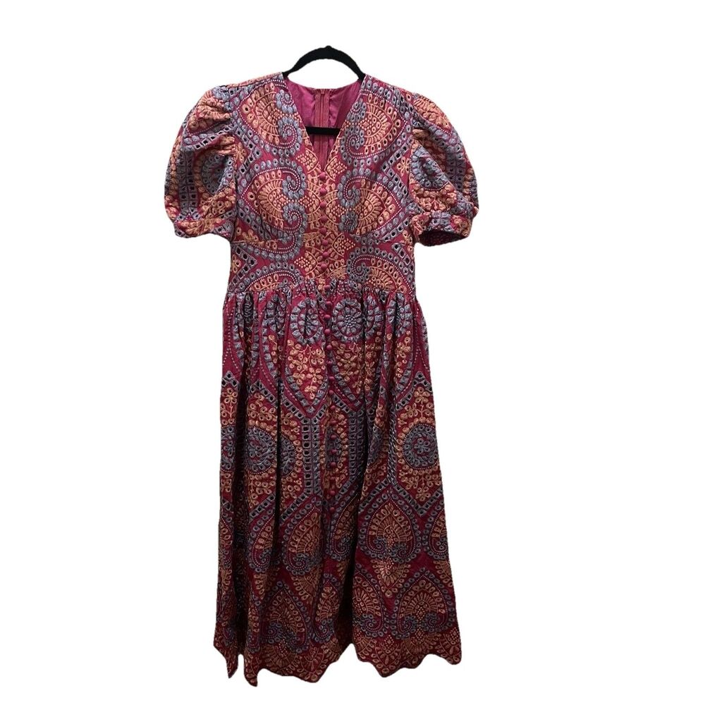 ChicWish Eyelet Embroidered Floral Puff Sleeve Midi Dress V Neck Womens Size M